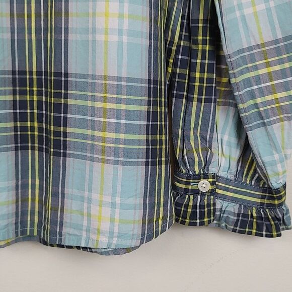 LOFT Ruffled Button Down Long Sleeve Blouse Top Blue Green Plaid Size L - Picture 4 of 13